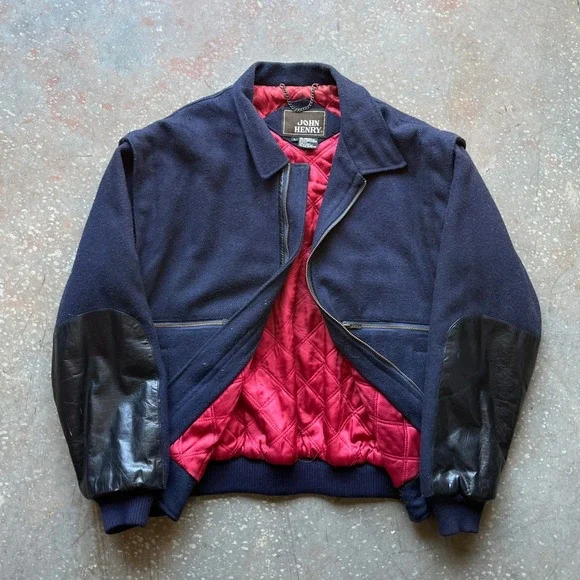 VTG 70s 80s John Henry Navy Wool Leather Trim Bomber Jacket Men's Size L Quilted - Picture 3 of 9